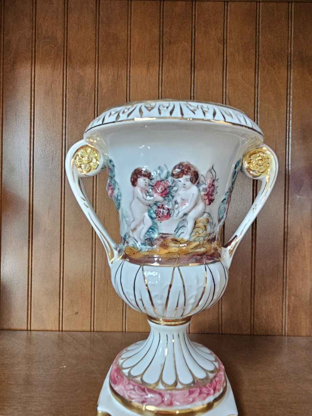 Ornate White Porcelain Urn Vase with Pink Floral and Gold Accents